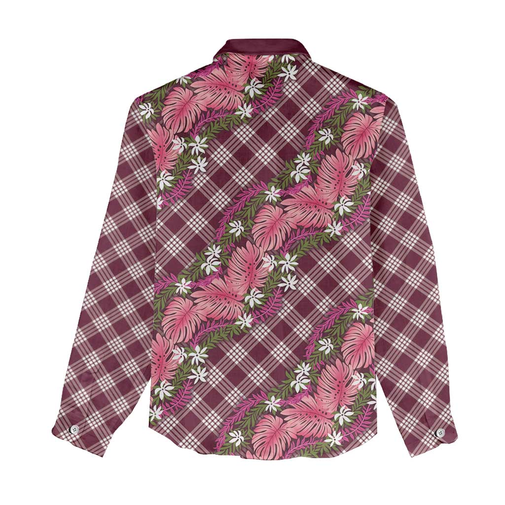 Polynesian Monstera Tiare Floral Women Casual Shirt Fuchsia Tropical Plaid - Polynesian Pride