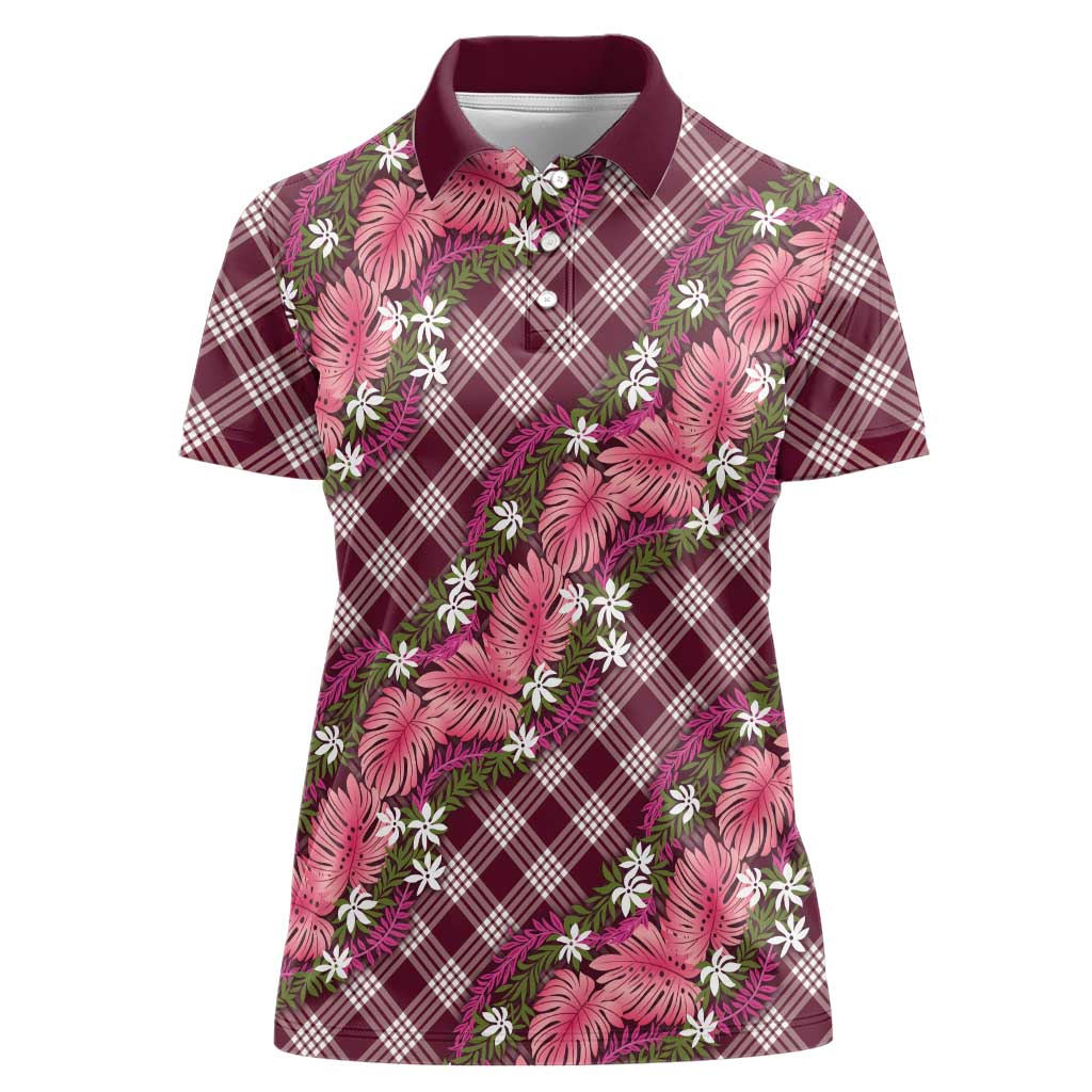 Polynesian Monstera Tiare Floral Women Polo Shirt Fuchsia Tropical Plaid LT01 Female Pink - Polynesian Pride