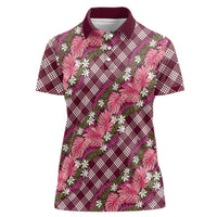 Polynesian Monstera Tiare Floral Women Polo Shirt Fuchsia Tropical Plaid LT01 Female Pink - Polynesian Pride