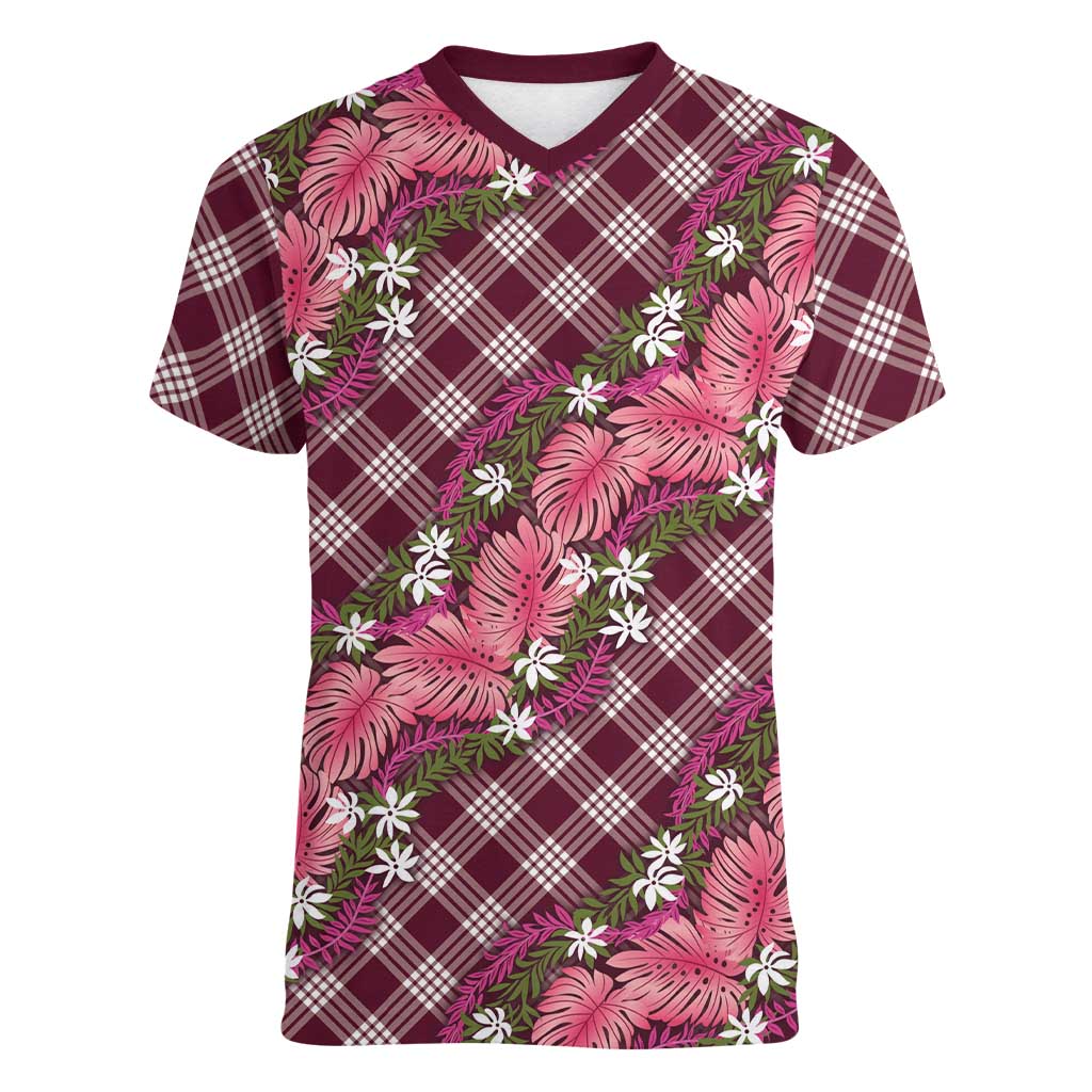 Polynesian Monstera Tiare Floral Women V-Neck T-Shirt Fuchsia Tropical Plaid LT01 Female Pink - Polynesian Pride