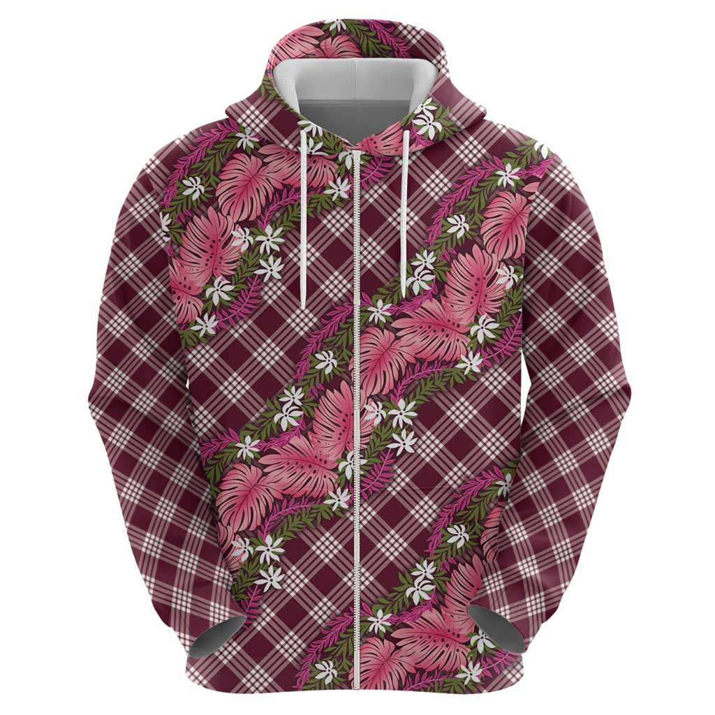Polynesian Monstera Tiare Floral Zip Hoodie Fuchsia Tropical Plaid LT01 - Polynesian Pride