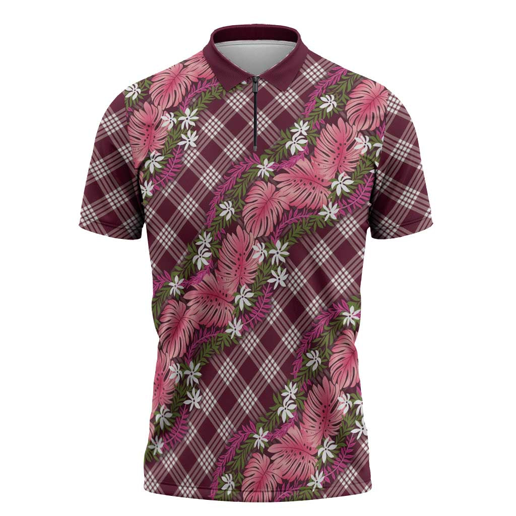 Polynesian Monstera Tiare Floral Zipper Polo Shirt Fuchsia Tropical Plaid LT01 Pink - Polynesian Pride