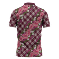 Polynesian Monstera Tiare Floral Zipper Polo Shirt Fuchsia Tropical Plaid LT01 - Polynesian Pride