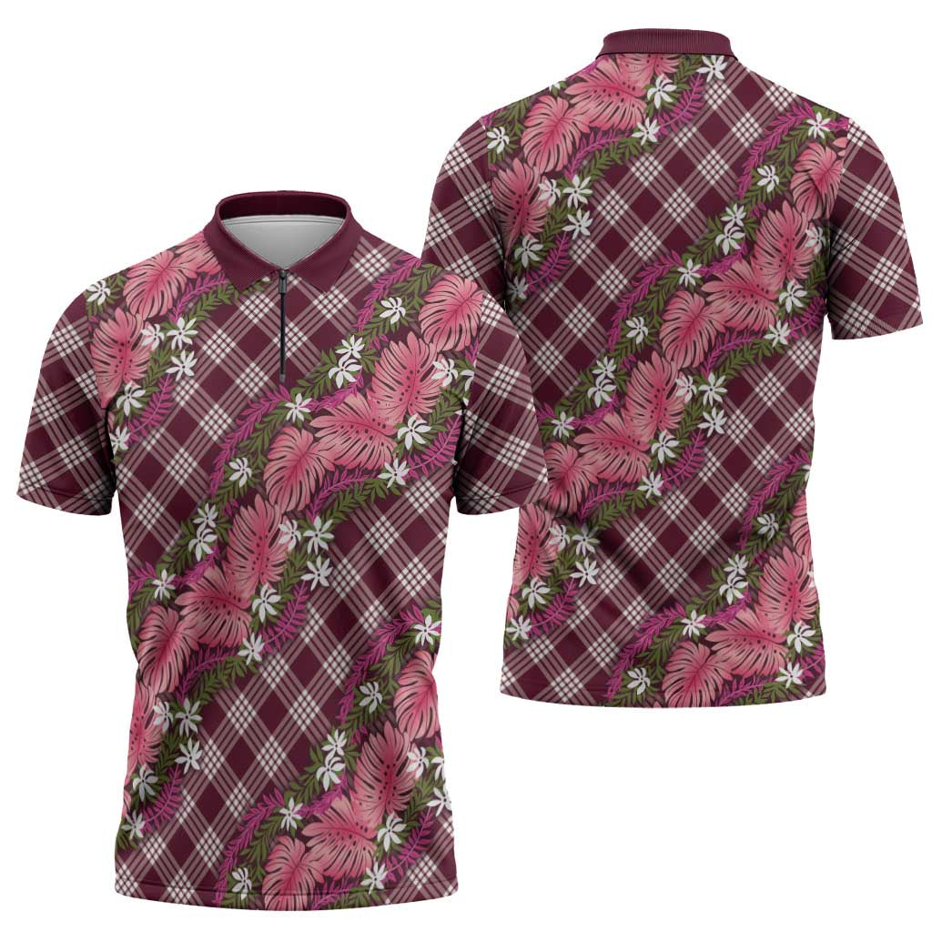 Polynesian Monstera Tiare Floral Zipper Polo Shirt Fuchsia Tropical Plaid LT01 - Polynesian Pride