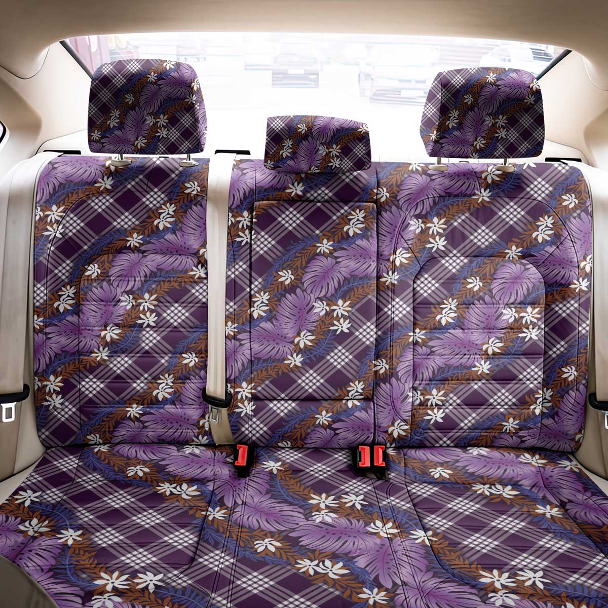 Polynesian Monstera Tiare Floral Back Car Seat Cover Lavender Tropical Plaid LT01 - Polynesian Pride
