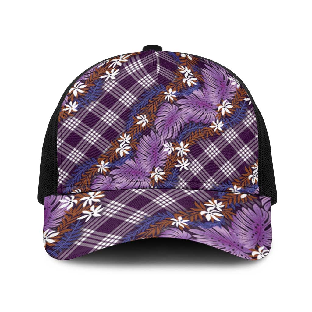 Polynesian Monstera Tiare Floral Baseball Net Cap Lavender Tropical Plaid - Polynesian Pride