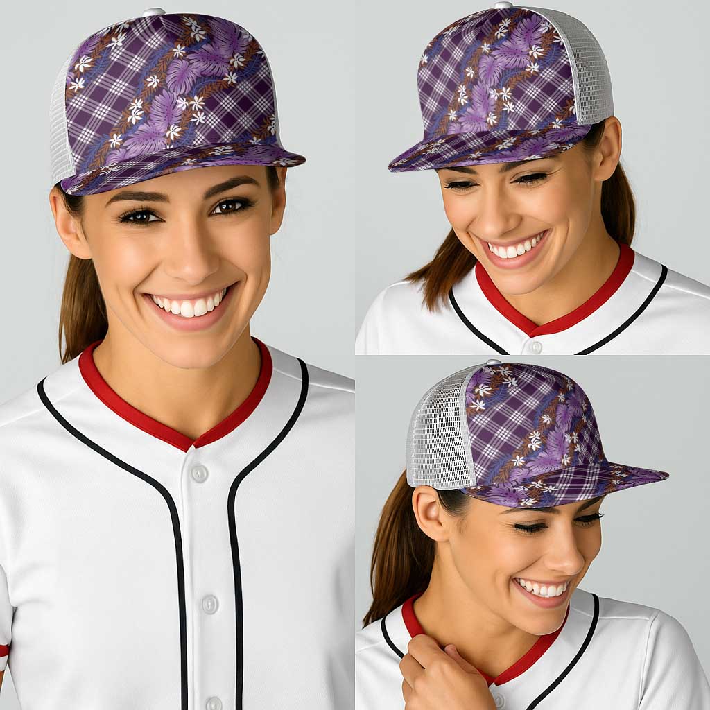 Polynesian Monstera Tiare Floral Baseball Net Cap Lavender Tropical Plaid - Polynesian Pride