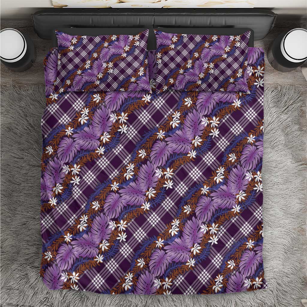 Polynesian Monstera Tiare Floral Bedding Set Lavender Tropical Plaid - Polynesian Pride