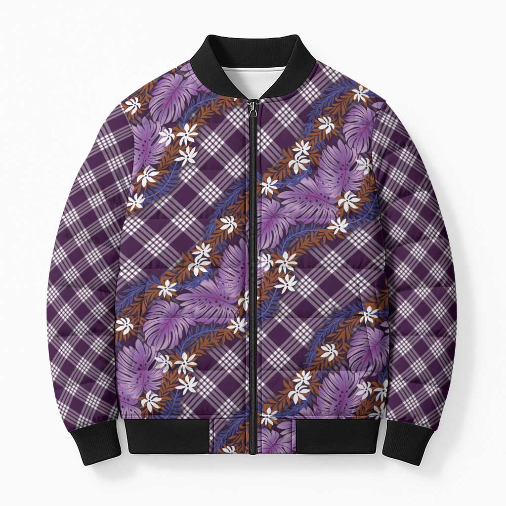 Polynesian Monstera Tiare Floral Bomber Puffer Jacket Lavender Tropical Plaid LT01 Unisex Purple - Polynesian Pride