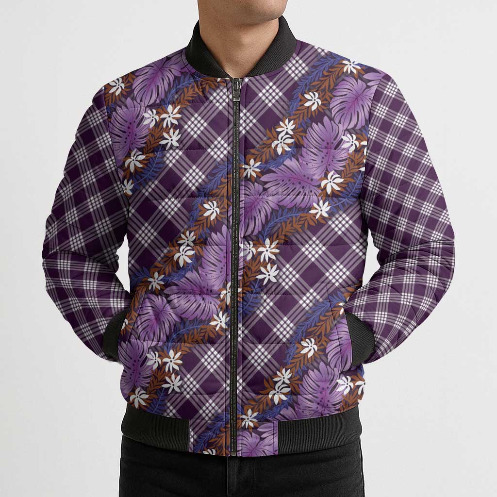 Polynesian Monstera Tiare Floral Bomber Puffer Jacket Lavender Tropical Plaid LT01 - Polynesian Pride
