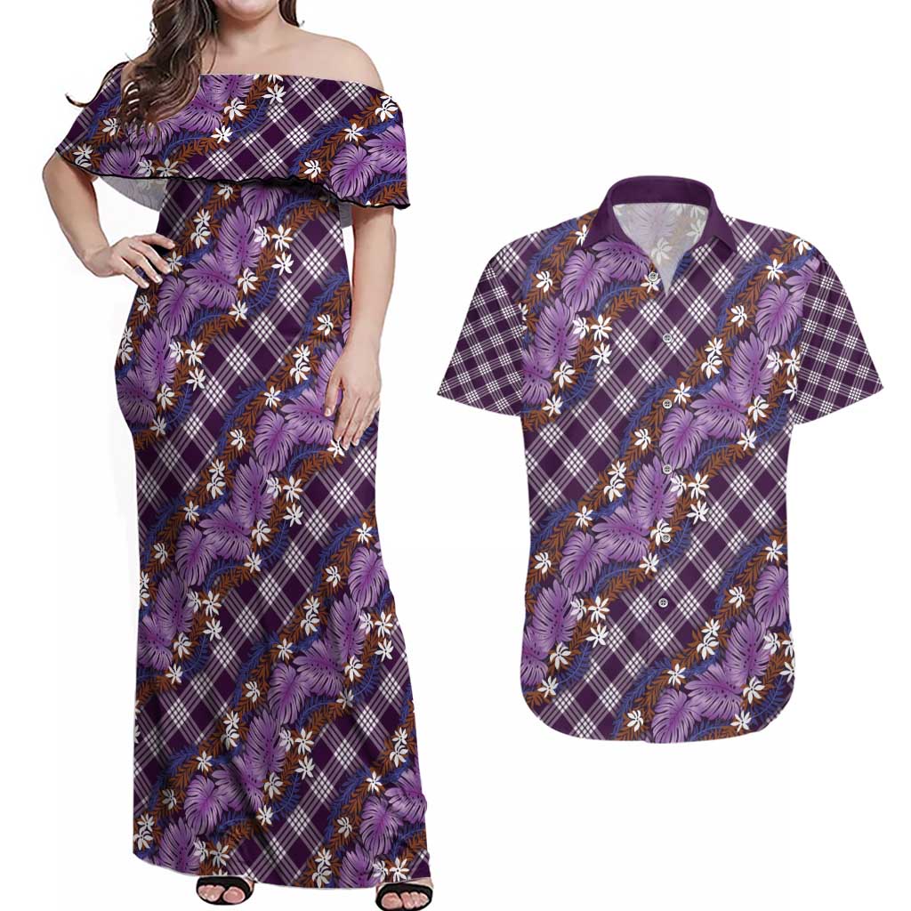 Polynesian Monstera Tiare Floral Couples Matching Off Shoulder Maxi Dress and Hawaiian Shirt Lavender Tropical Plaid - Polynesian Pride