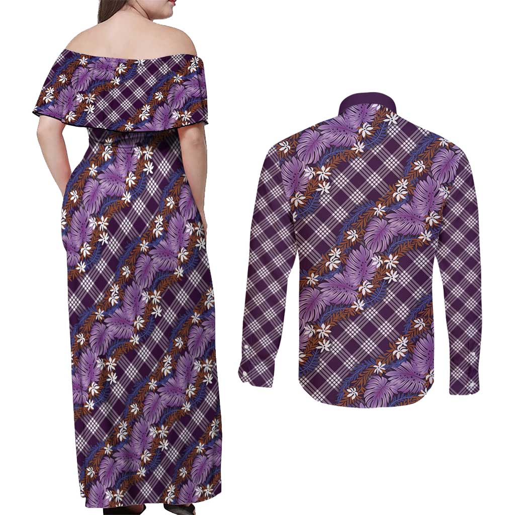 Polynesian Monstera Tiare Floral Couples Matching Off Shoulder Maxi Dress and Long Sleeve Button Shirt Lavender Tropical Plaid LT01 - Polynesian Pride