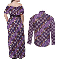 Polynesian Monstera Tiare Floral Couples Matching Off Shoulder Maxi Dress and Long Sleeve Button Shirt Lavender Tropical Plaid LT01 - Polynesian Pride