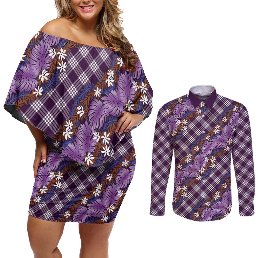 Polynesian Monstera Tiare Floral Couples Matching Off Shoulder Short Dress and Long Sleeve Button Shirt Lavender Tropical Plaid - Polynesian Pride