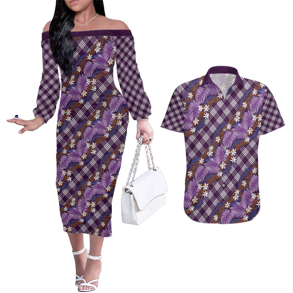 Polynesian Monstera Tiare Floral Couples Matching Off The Shoulder Long Sleeve Dress and Hawaiian Shirt Lavender Tropical Plaid - Polynesian Pride