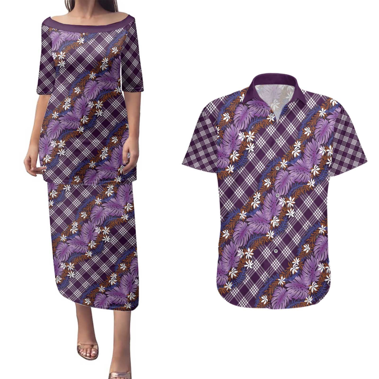Polynesian Monstera Tiare Floral Couples Matching Puletasi and Hawaiian Shirt Lavender Tropical Plaid LT01 Purple - Polynesian Pride