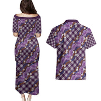 Polynesian Monstera Tiare Floral Couples Matching Puletasi and Hawaiian Shirt Lavender Tropical Plaid LT01 - Polynesian Pride