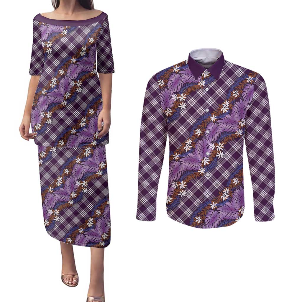 Polynesian Monstera Tiare Floral Couples Matching Puletasi and Long Sleeve Button Shirt Lavender Tropical Plaid LT01 Purple - Polynesian Pride