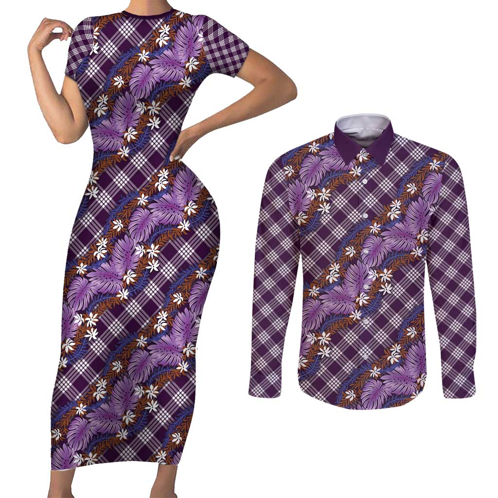 Polynesian Monstera Tiare Floral Couples Matching Short Sleeve Bodycon Dress and Long Sleeve Button Shirt Lavender Tropical Plaid - Polynesian Pride