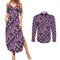 Polynesian Monstera Tiare Floral Couples Matching Summer Maxi Dress and Long Sleeve Button Shirt Lavender Tropical Plaid LT01 Purple - Polynesian Pride