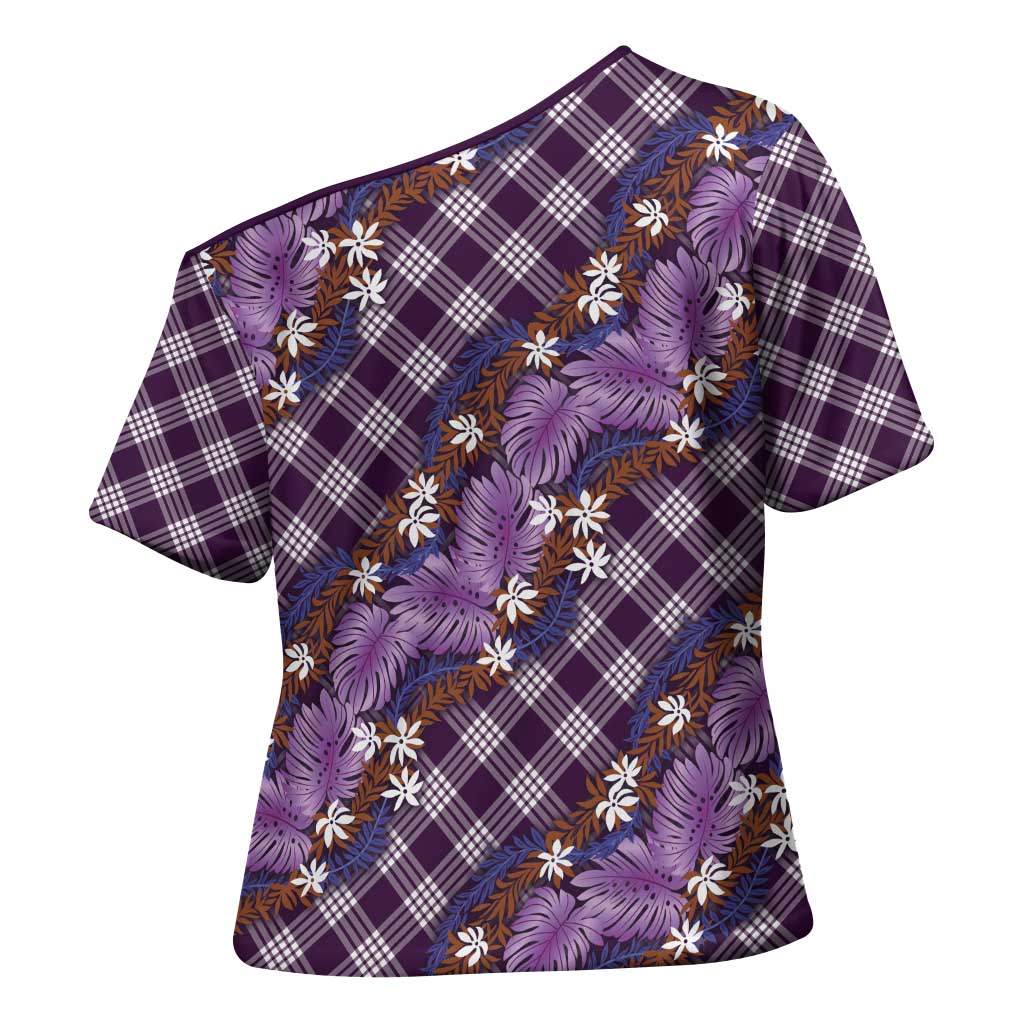 Polynesian Monstera Tiare Floral Cross Shoulder Shirt Lavender Tropical Plaid LT01 - Polynesian Pride