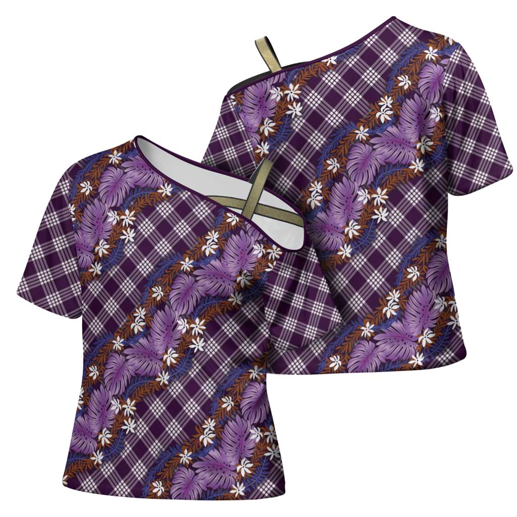 Polynesian Monstera Tiare Floral Cross Shoulder Shirt Lavender Tropical Plaid LT01 - Polynesian Pride