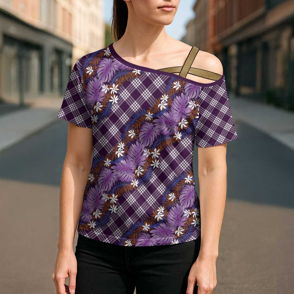 Polynesian Monstera Tiare Floral Cross Shoulder Shirt Lavender Tropical Plaid LT01 - Polynesian Pride