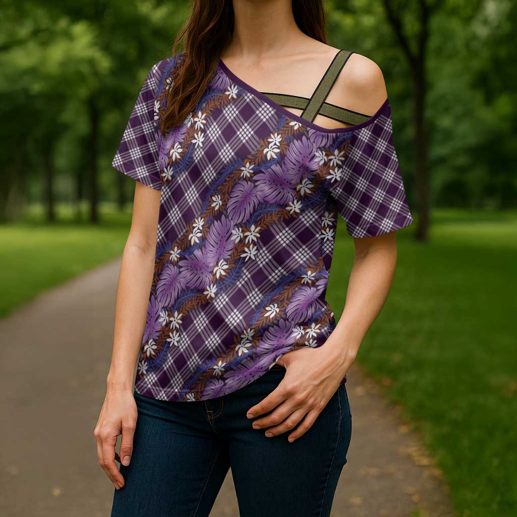 Polynesian Monstera Tiare Floral Cross Shoulder Shirt Lavender Tropical Plaid LT01 - Polynesian Pride