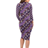 Polynesian Monstera Tiare Floral Family Matching Long Sleeve Bodycon Dress and Hawaiian Shirt Lavender Tropical Plaid - Polynesian Pride