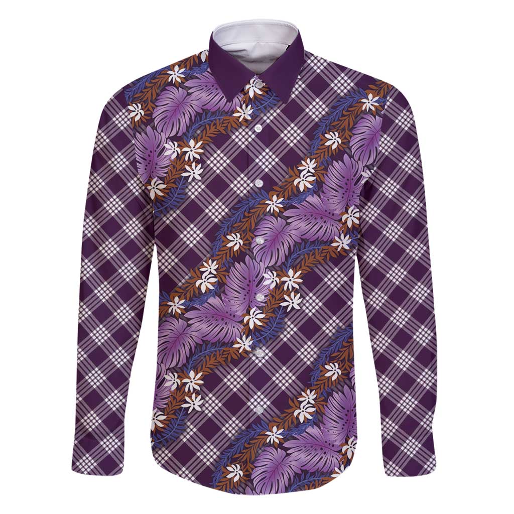 Polynesian Monstera Tiare Floral Family Matching Mermaid Dress and Hawaiian Shirt Lavender Tropical Plaid - Polynesian Pride