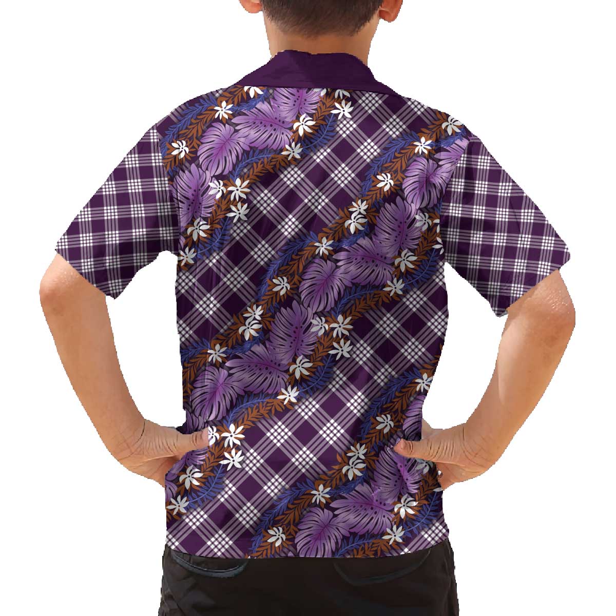 Polynesian Monstera Tiare Floral Family Matching Off The Shoulder Long Sleeve Dress and Hawaiian Shirt Lavender Tropical Plaid - Polynesian Pride