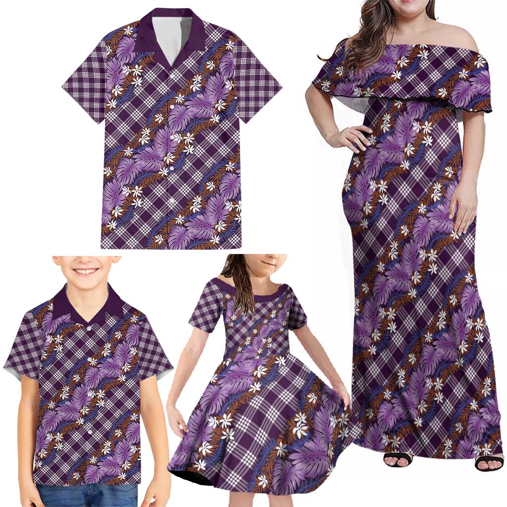 Polynesian Monstera Tiare Floral Family Matching Off Shoulder Maxi Dress and Hawaiian Shirt Lavender Tropical Plaid - Polynesian Pride