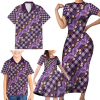 Polynesian Monstera Tiare Floral Family Matching Short Sleeve Bodycon Dress and Hawaiian Shirt Lavender Tropical Plaid - Polynesian Pride