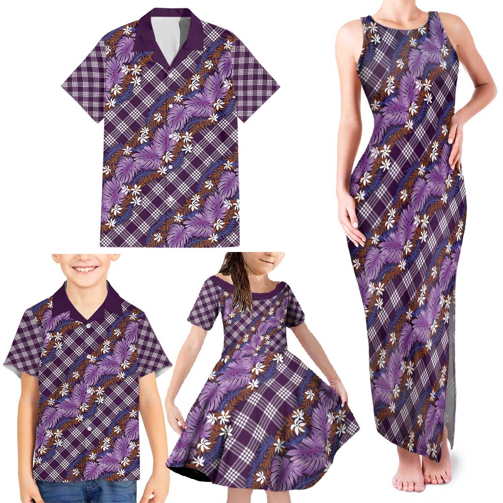 Polynesian Monstera Tiare Floral Family Matching Tank Maxi Dress and Hawaiian Shirt Lavender Tropical Plaid - Polynesian Pride