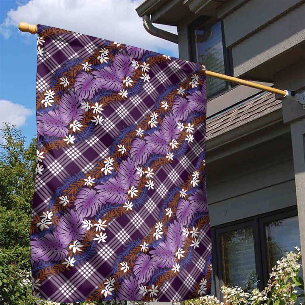 Polynesian Monstera Tiare Floral Garden Flag Lavender Tropical Plaid - Polynesian Pride
