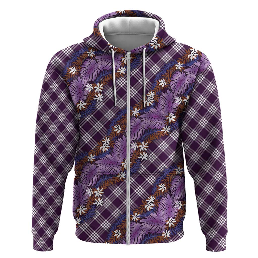 Polynesian Monstera Tiare Floral Hoodie Lavender Tropical Plaid LT01 Zip Hoodie Purple - Polynesian Pride