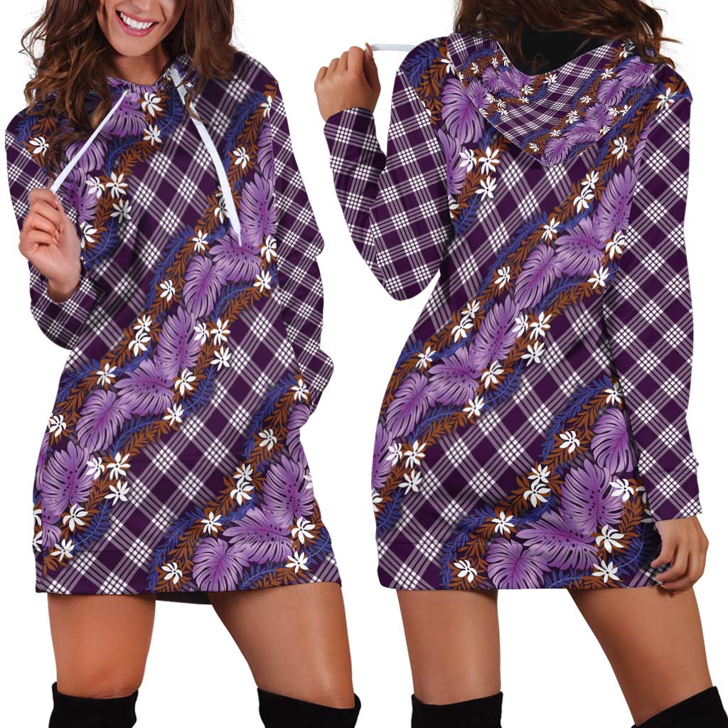 Polynesian Monstera Tiare Floral Hoodie Dress Lavender Tropical Plaid LT01 - Polynesian Pride