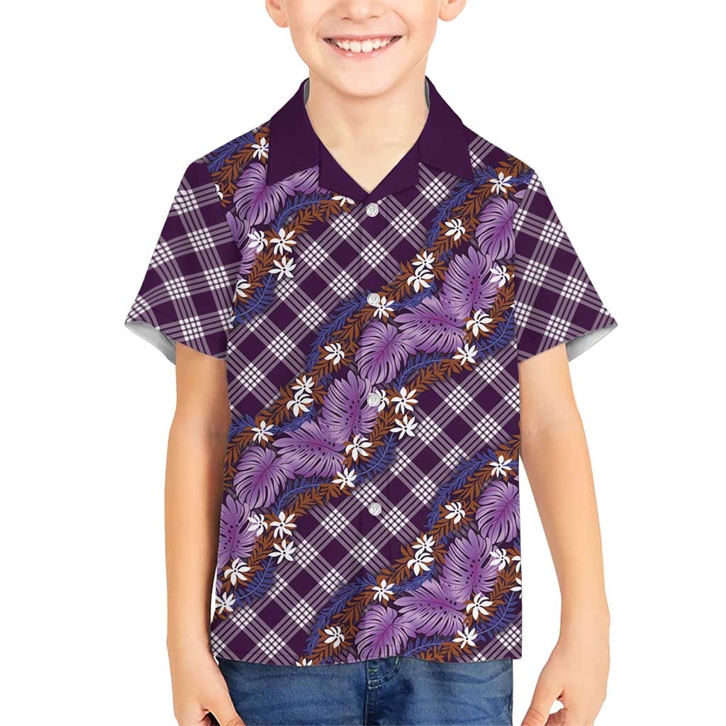 Polynesian Monstera Tiare Floral Kid Hawaiian Shirt Lavender Tropical Plaid LT01 Kid Purple - Polynesian Pride