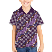 Polynesian Monstera Tiare Floral Kid Hawaiian Shirt Lavender Tropical Plaid LT01 Kid Purple - Polynesian Pride