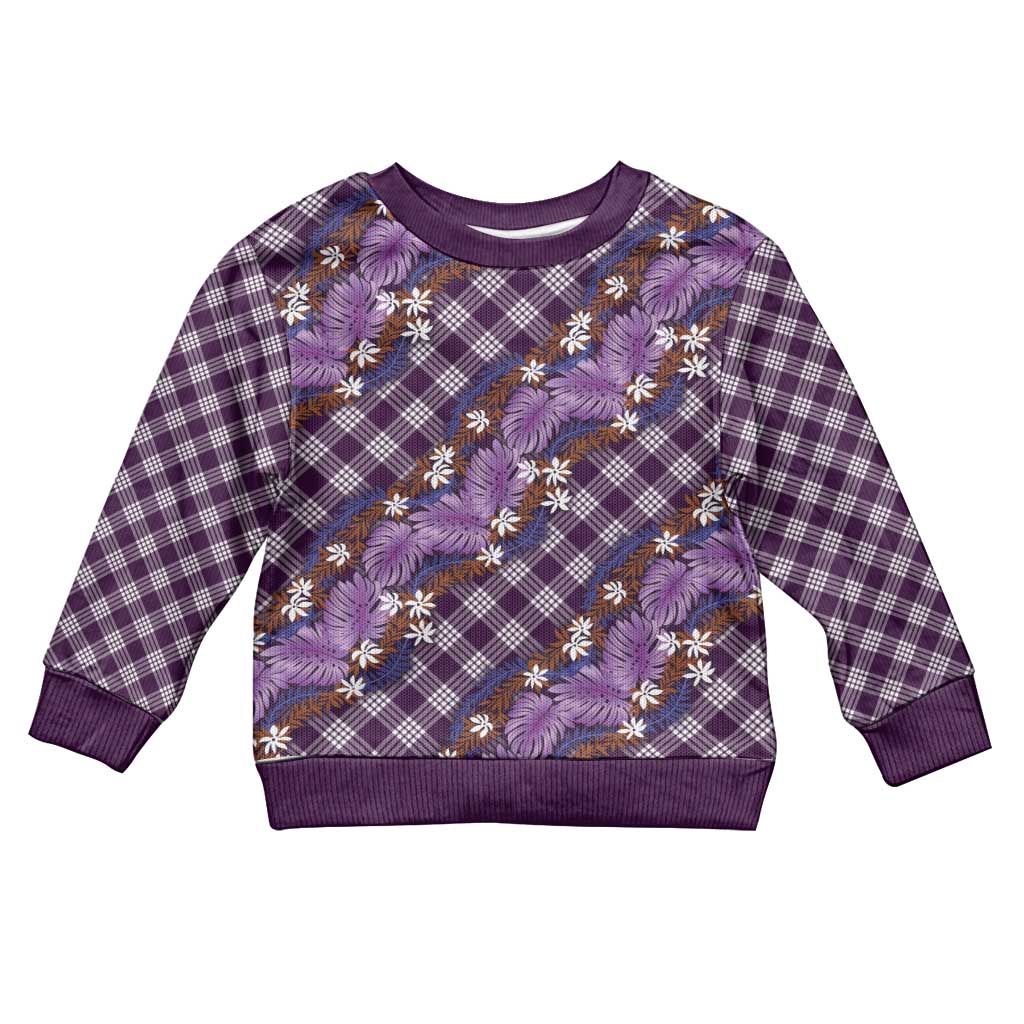 Polynesian Monstera Tiare Floral Kid Ugly Christmas Sweater Lavender Tropical Plaid LT01 Kid Purple - Polynesian Pride