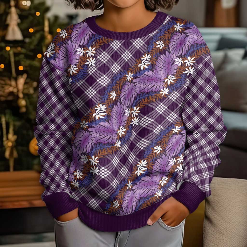 Polynesian Monstera Tiare Floral Kid Ugly Christmas Sweater Lavender Tropical Plaid LT01 - Polynesian Pride