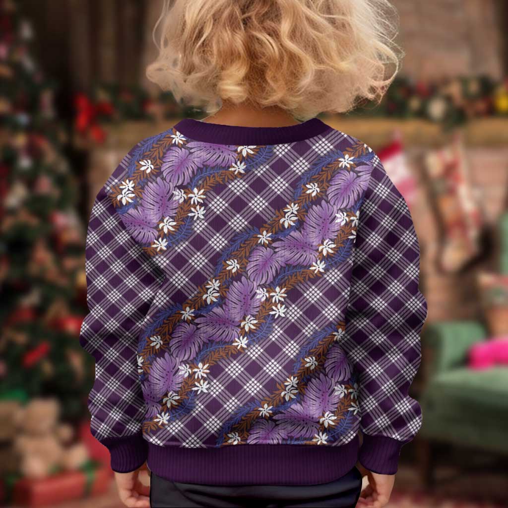 Polynesian Monstera Tiare Floral Kid Ugly Christmas Sweater Lavender Tropical Plaid LT01 - Polynesian Pride