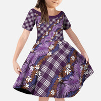 Polynesian Monstera Tiare Floral Kid Short Sleeve Dress Lavender Tropical Plaid LT01 KID Purple - Polynesian Pride