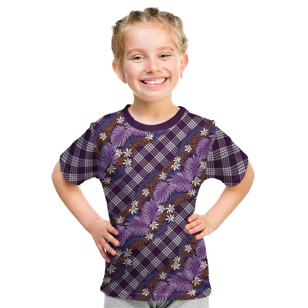 Polynesian Monstera Tiare Floral Kid T Shirt Lavender Tropical Plaid LT01 Purple - Polynesian Pride