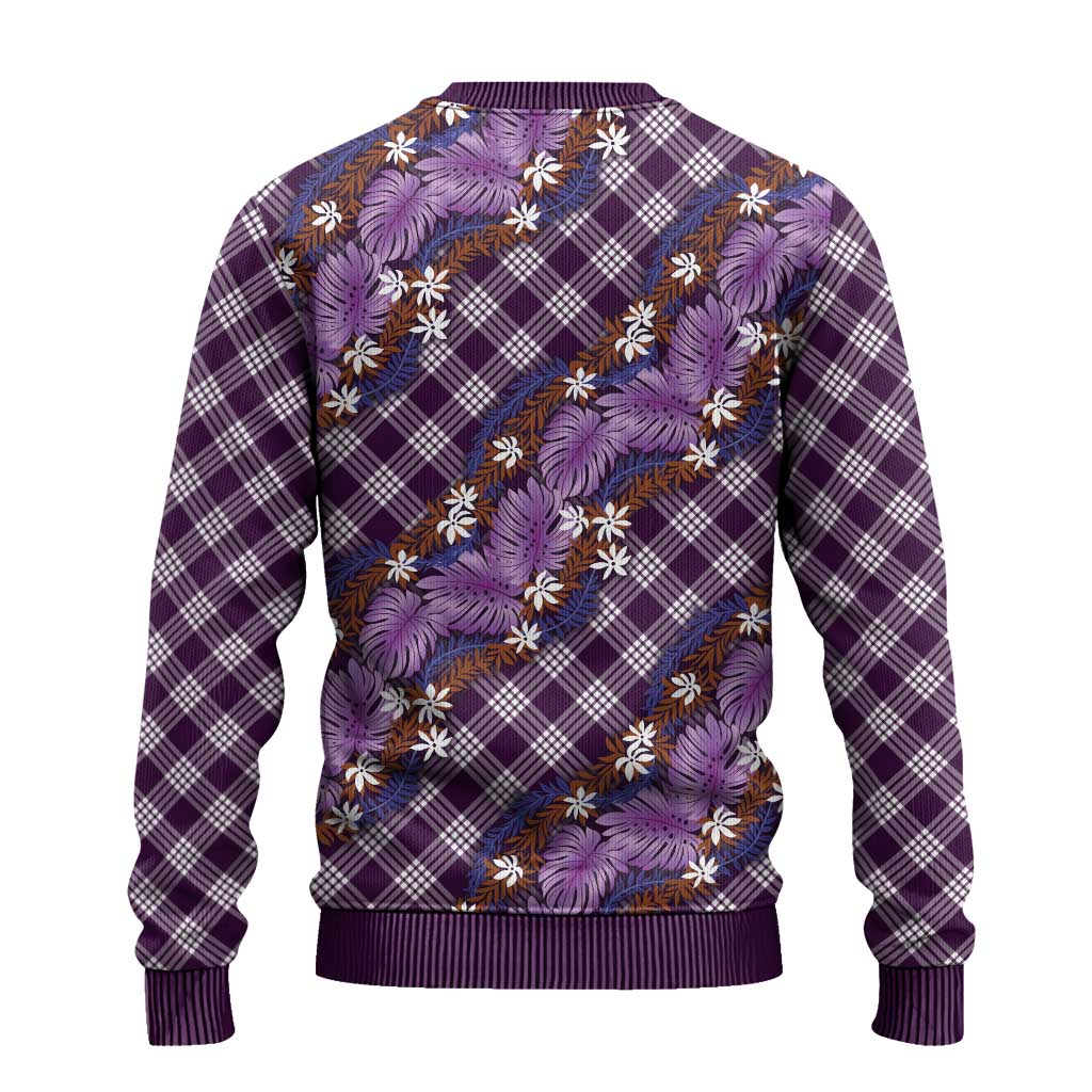 Polynesian Monstera Tiare Floral Ugly Christmas Sweater Lavender Tropical Plaid - Polynesian Pride