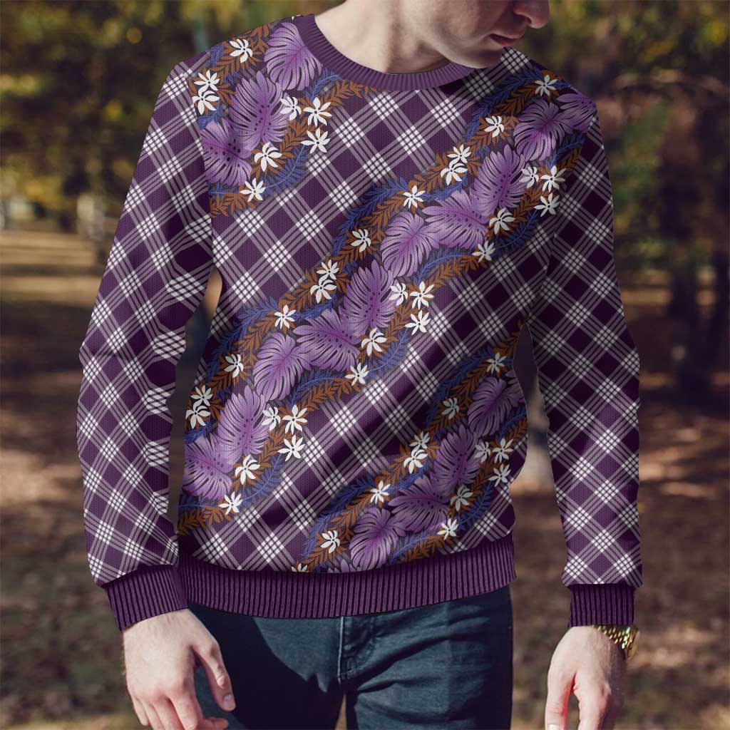 Polynesian Monstera Tiare Floral Ugly Christmas Sweater Lavender Tropical Plaid - Polynesian Pride