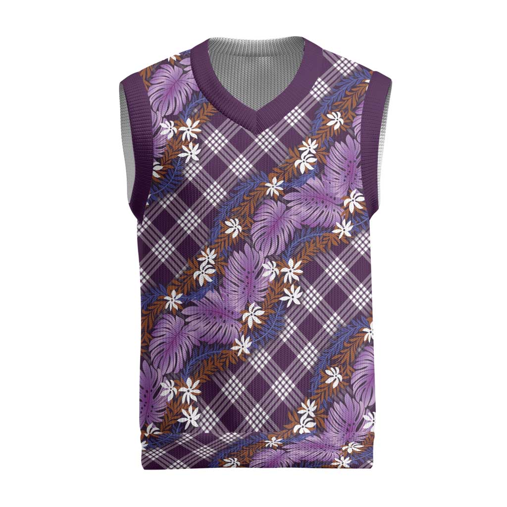 Polynesian Monstera Tiare Floral Christmas Knitted V-Neck Vest Lavender Tropical Plaid LT01 Purple - Polynesian Pride