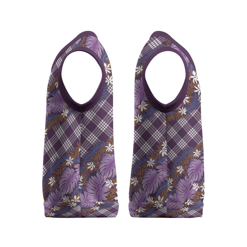 Polynesian Monstera Tiare Floral Christmas Knitted V-Neck Vest Lavender Tropical Plaid LT01 - Polynesian Pride
