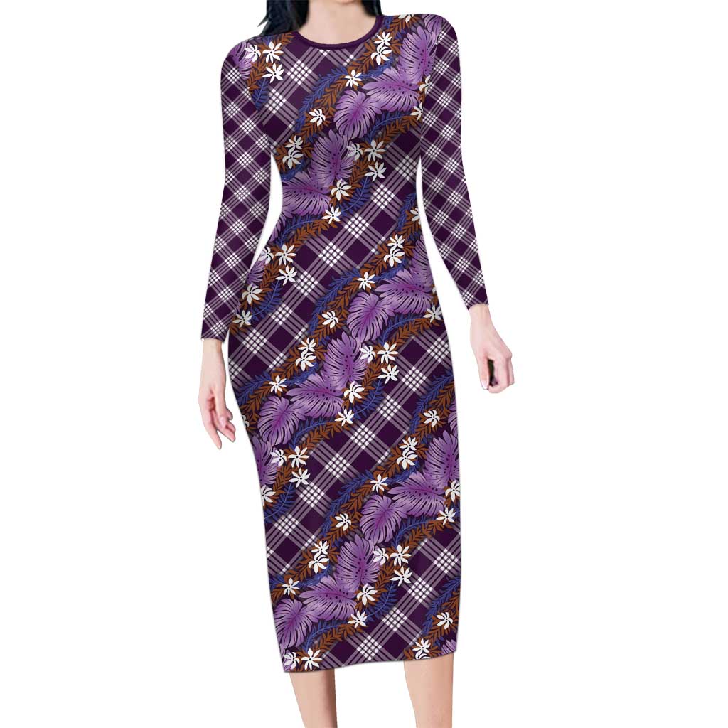 Polynesian Monstera Tiare Floral Long Sleeve Bodycon Dress Lavender Tropical Plaid - Polynesian Pride