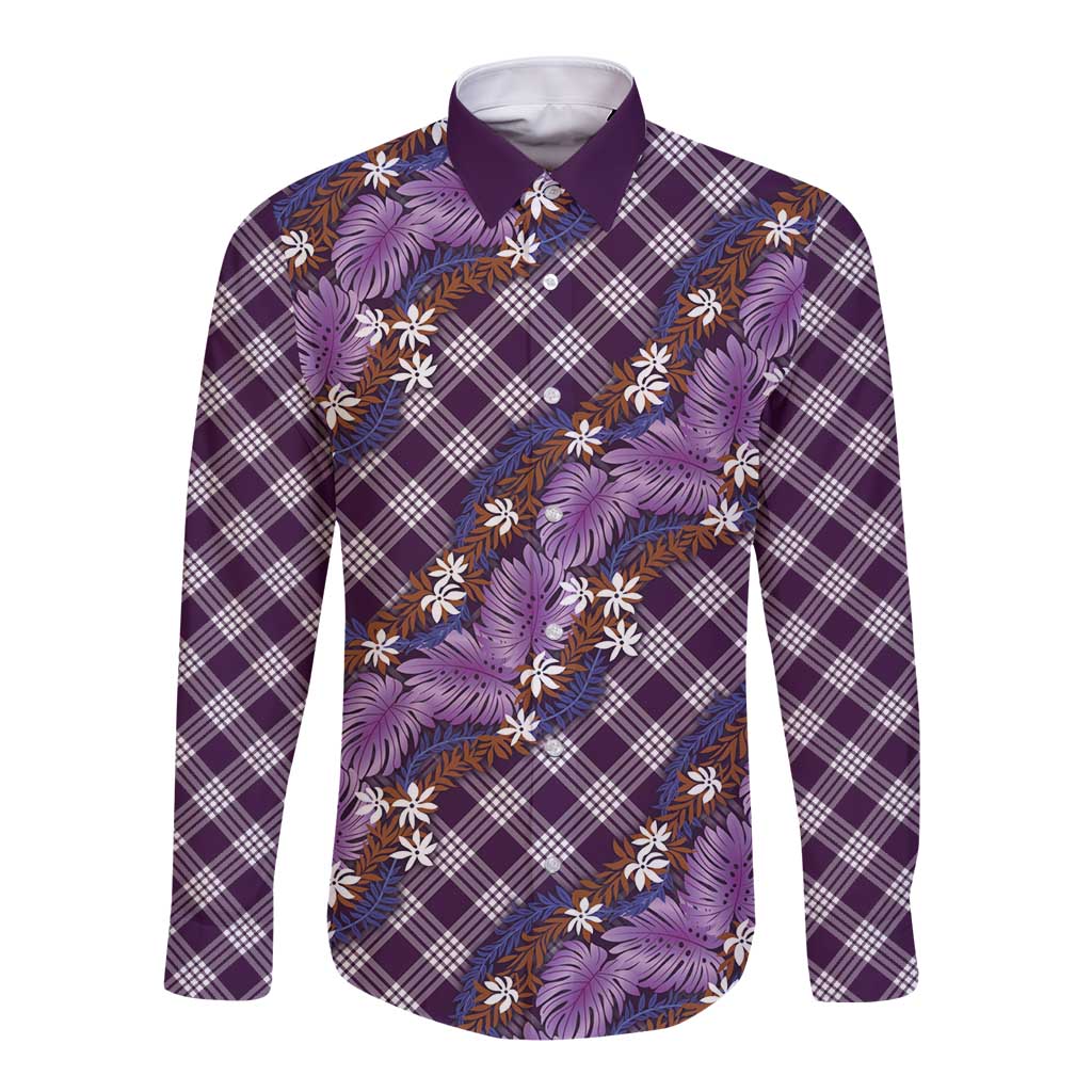 Polynesian Monstera Tiare Floral Long Sleeve Button Shirt Lavender Tropical Plaid LT01 Unisex Purple - Polynesian Pride